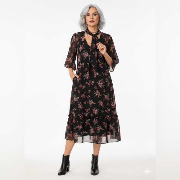 City Chic Dresses & Skirts - CITY CHIC Floral Chiffon Midi Dress Tie Neck Ruffle Hem Plus Size 22 🌸🖤